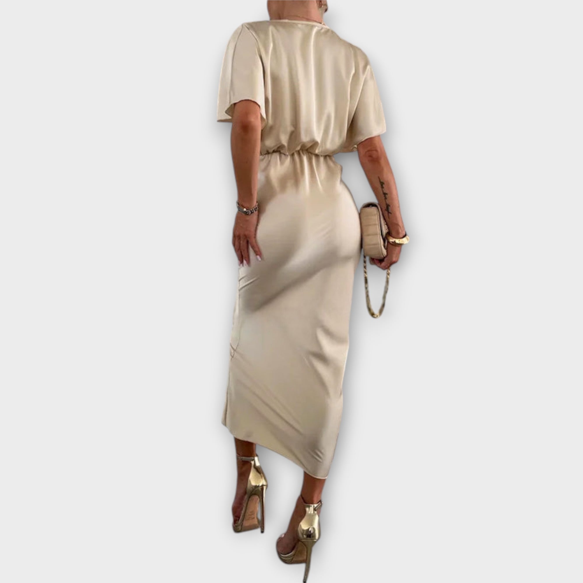 Sable - Elegante Abito Maxi in Raso con Scollatura a V e Nodo Incrociato