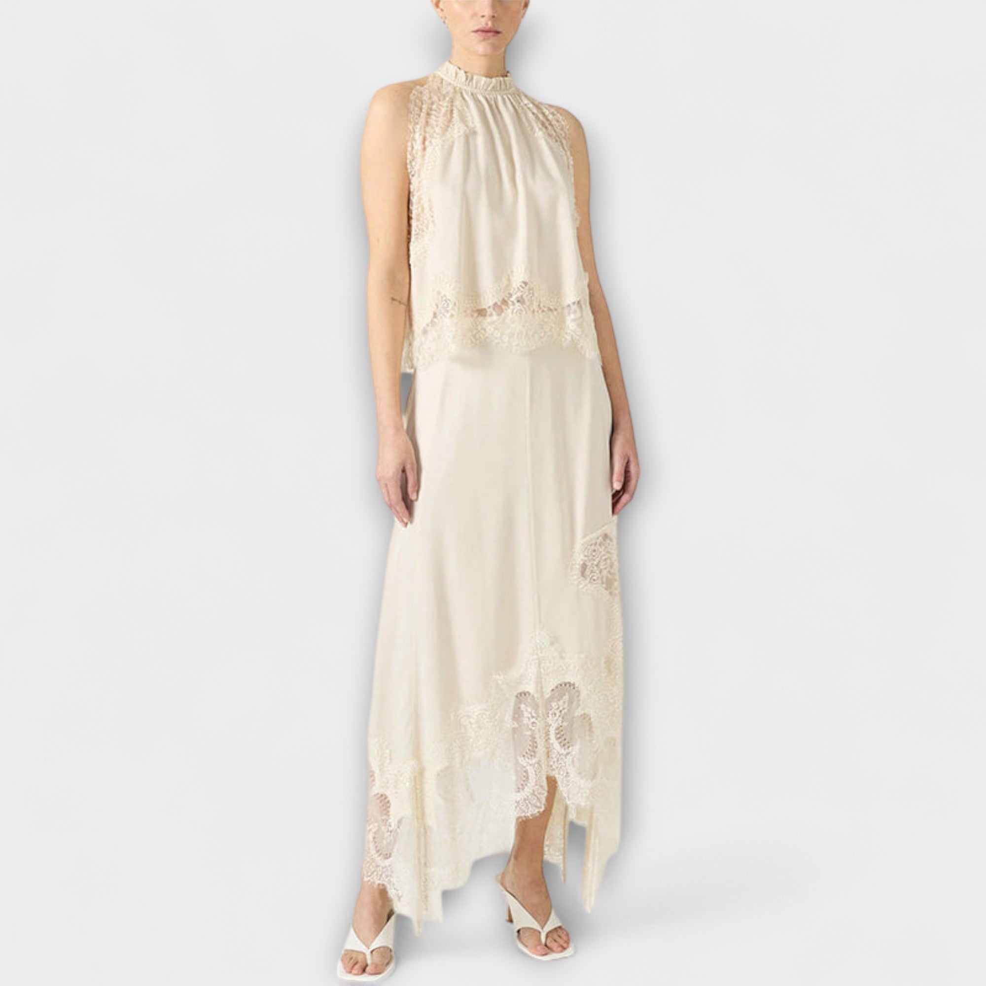 Kaia - Blusa in Satin con Bordo in Pizzo e Collo Plissettato