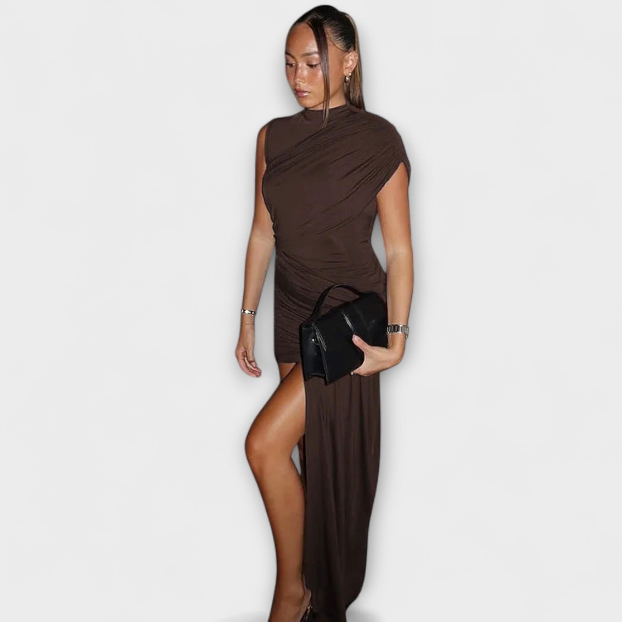 Lila - Abito elegante e aderente con scollo rotondo e pieghe