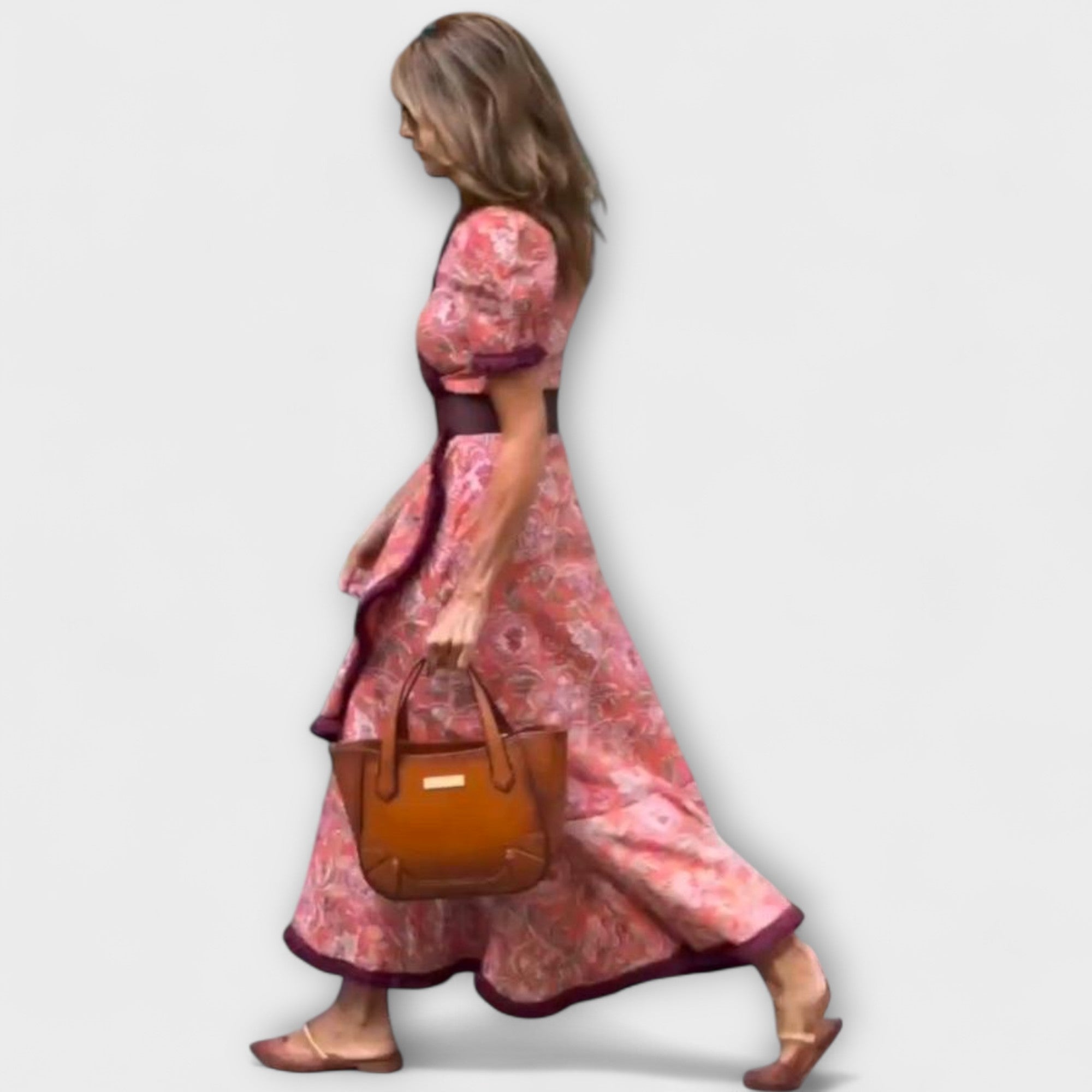 Elegante Abito Maxi Rosa con Maniche Corte