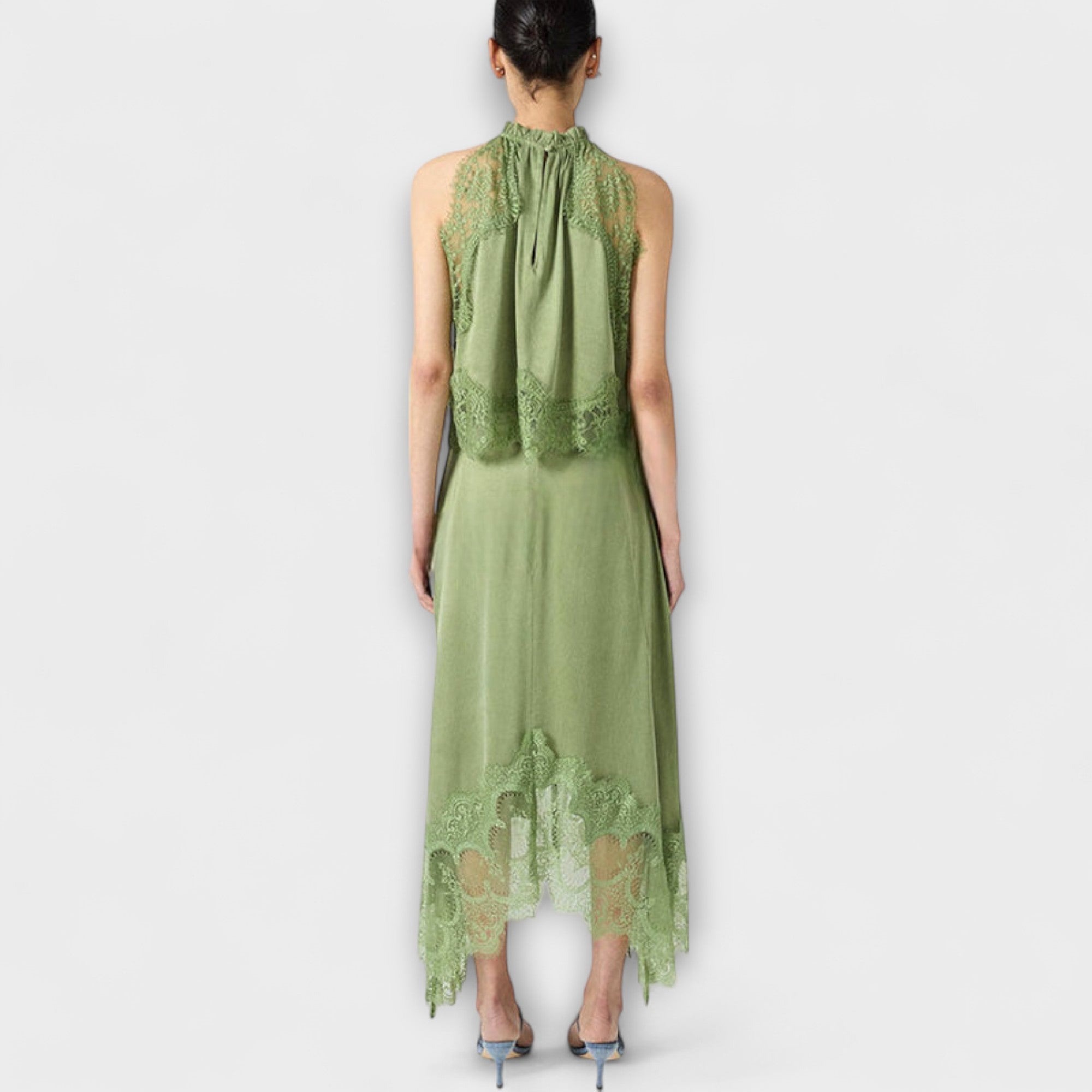 Kaia - Blusa in Satin con Bordo in Pizzo e Collo Plissettato