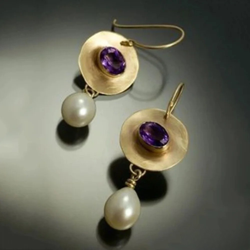 Orecchini Vintage d'Oro con Zirconia Viola e Perle