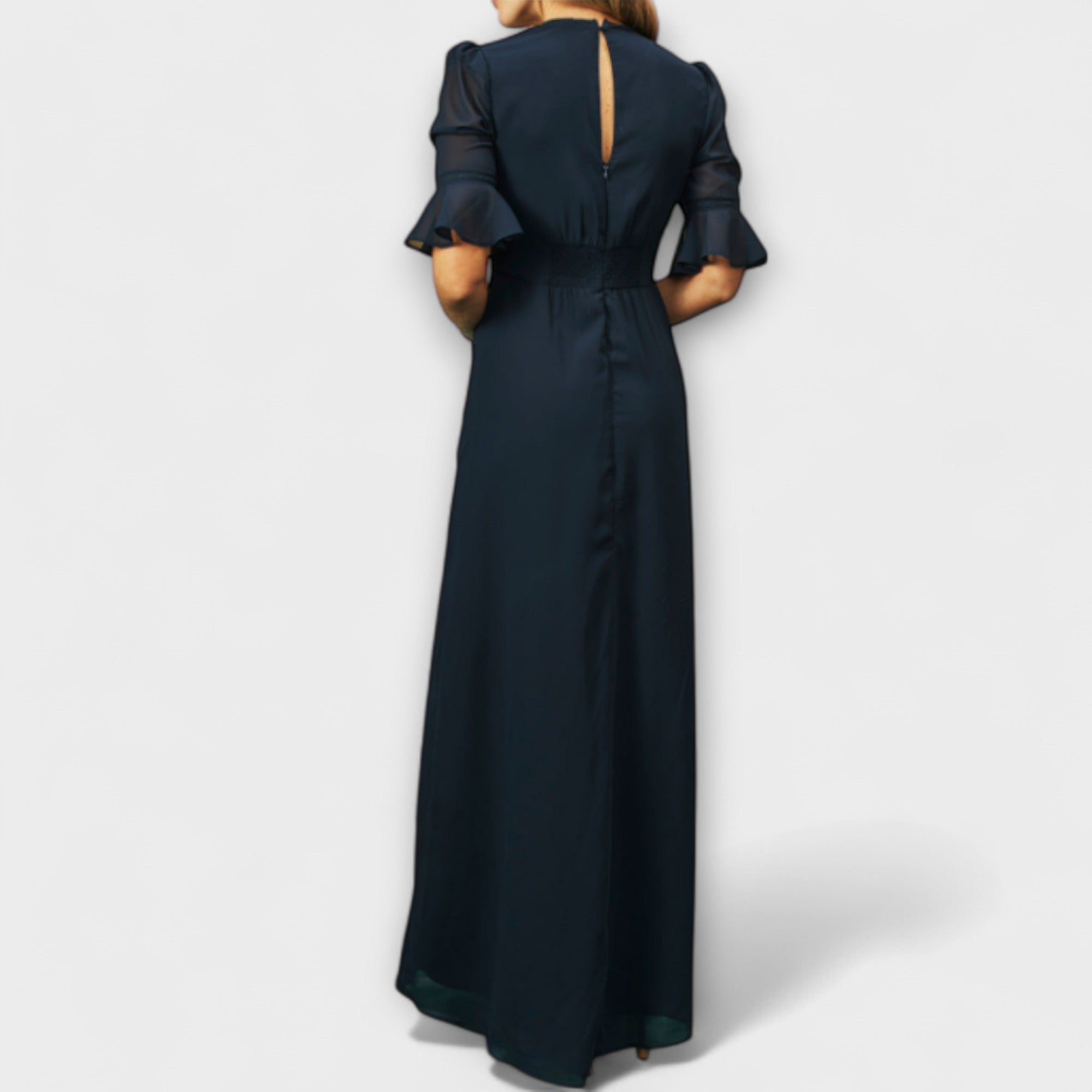 Beatrice - Elegante Abito Blu Navy con Ricami Floreali