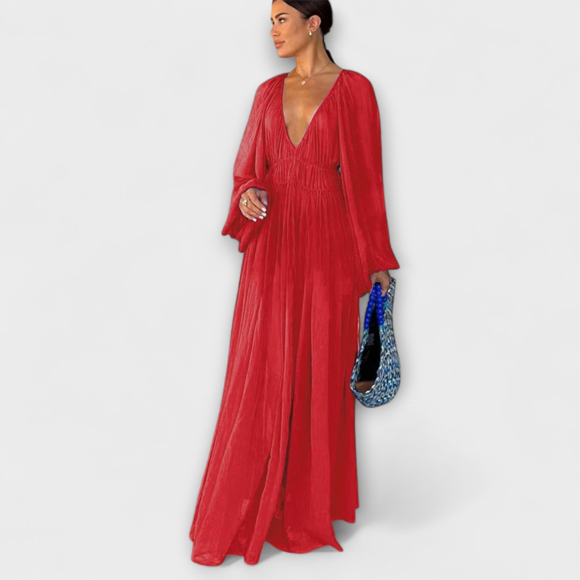 Abito Elegante con Maniche Lunghe Plissettate