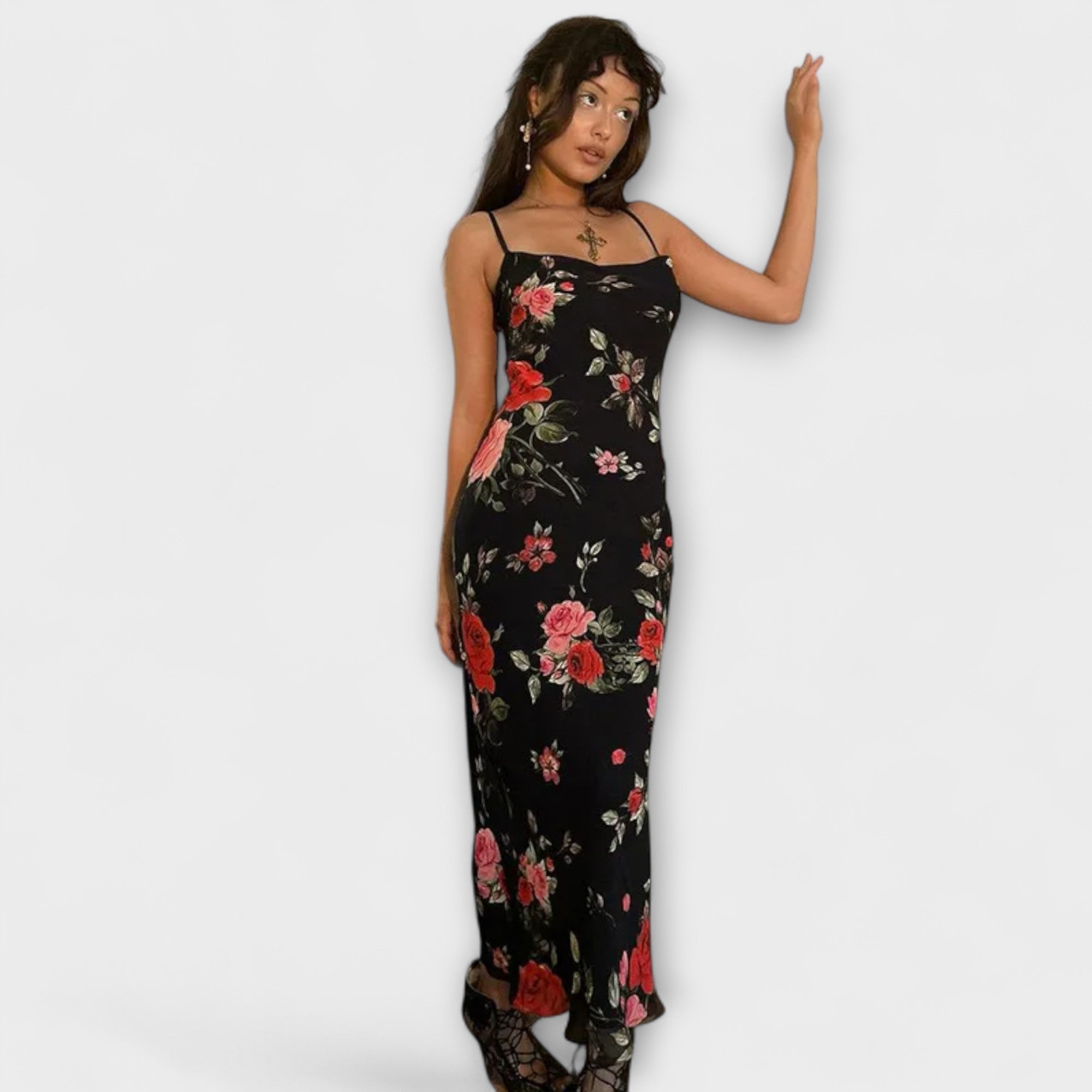 Abito Bodycon con Spalline a Spaghetti e Motivo Floreale