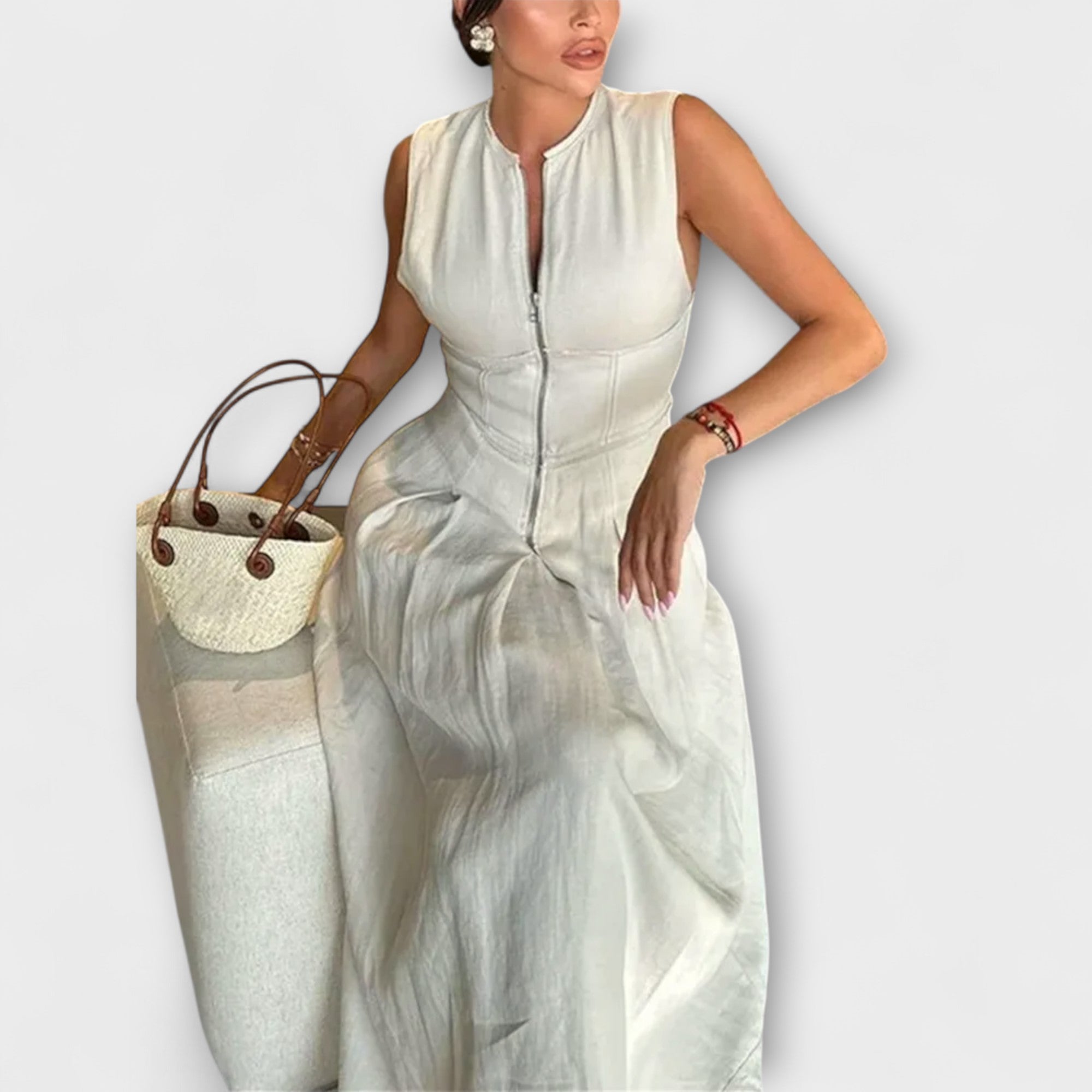 Abito midi aderente senza maniche con pieghe