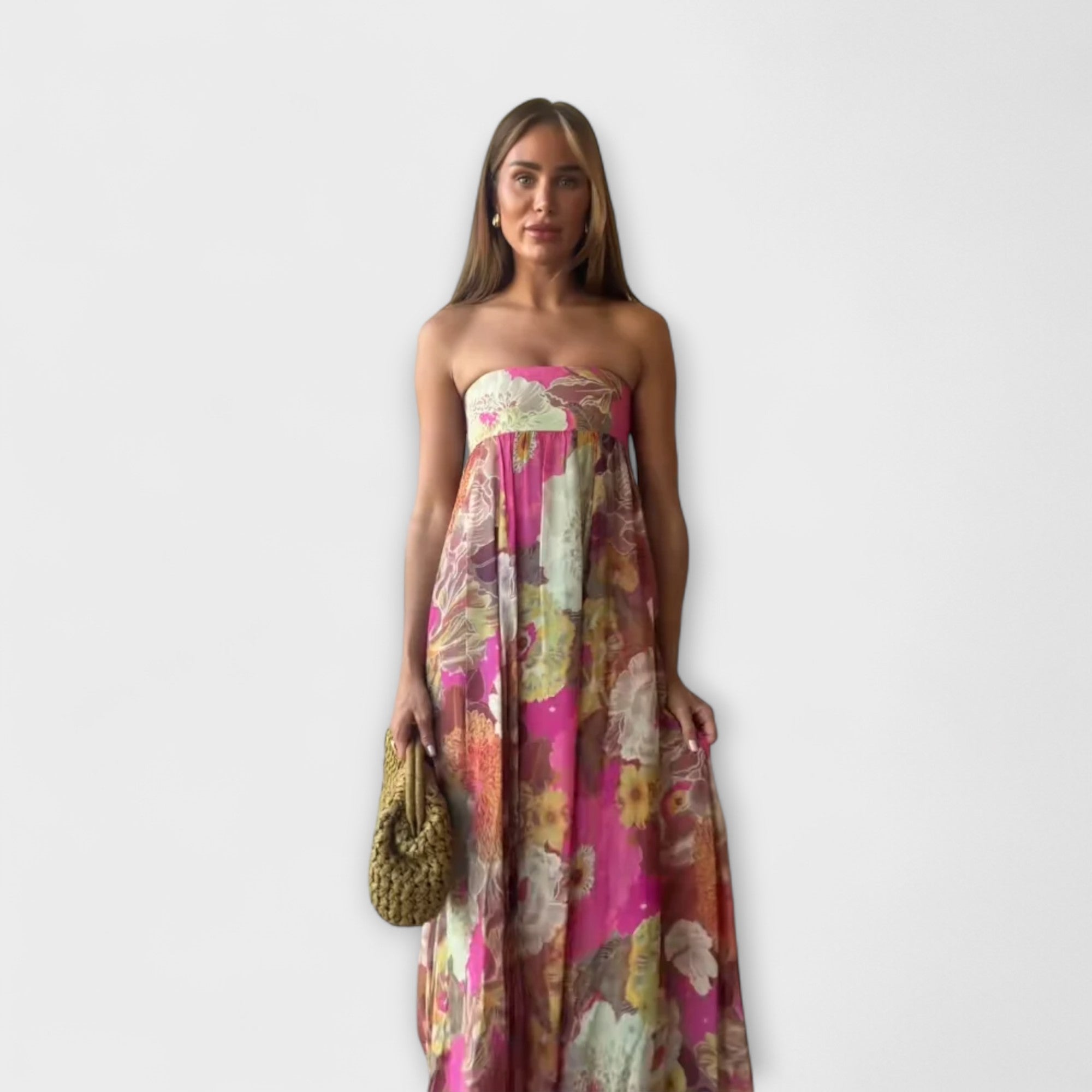 Abito Maxi Plissettato Senza Spalline Chic Retro