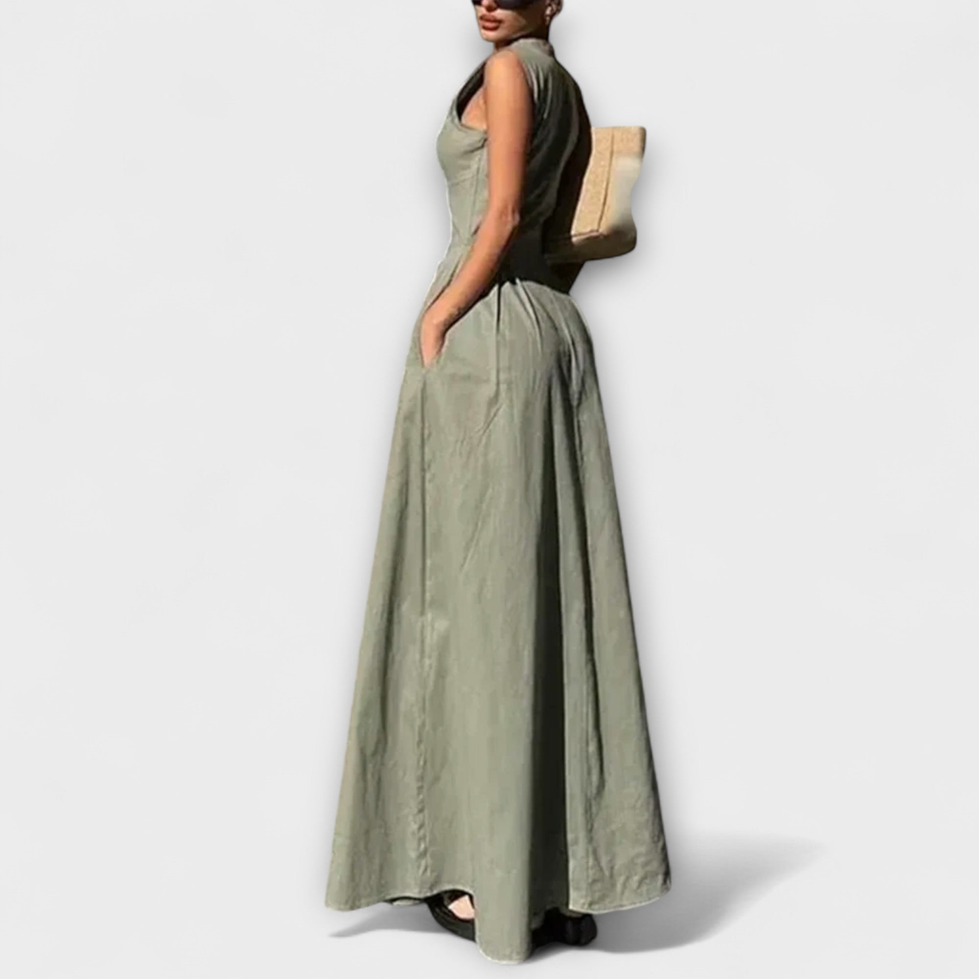 Abito midi aderente senza maniche con pieghe