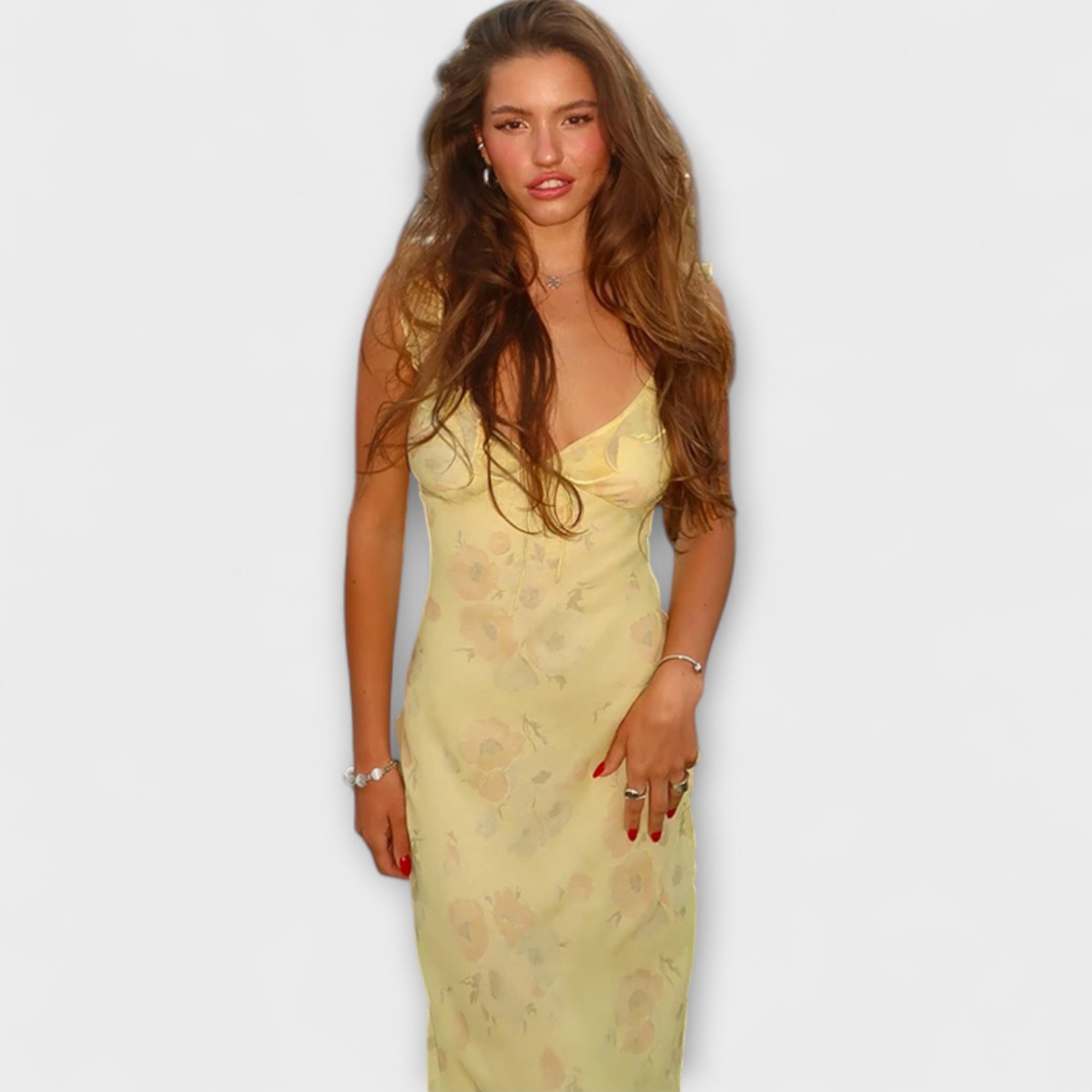 Abito Maxi Plunge con Motivo Floreale Cryptografico