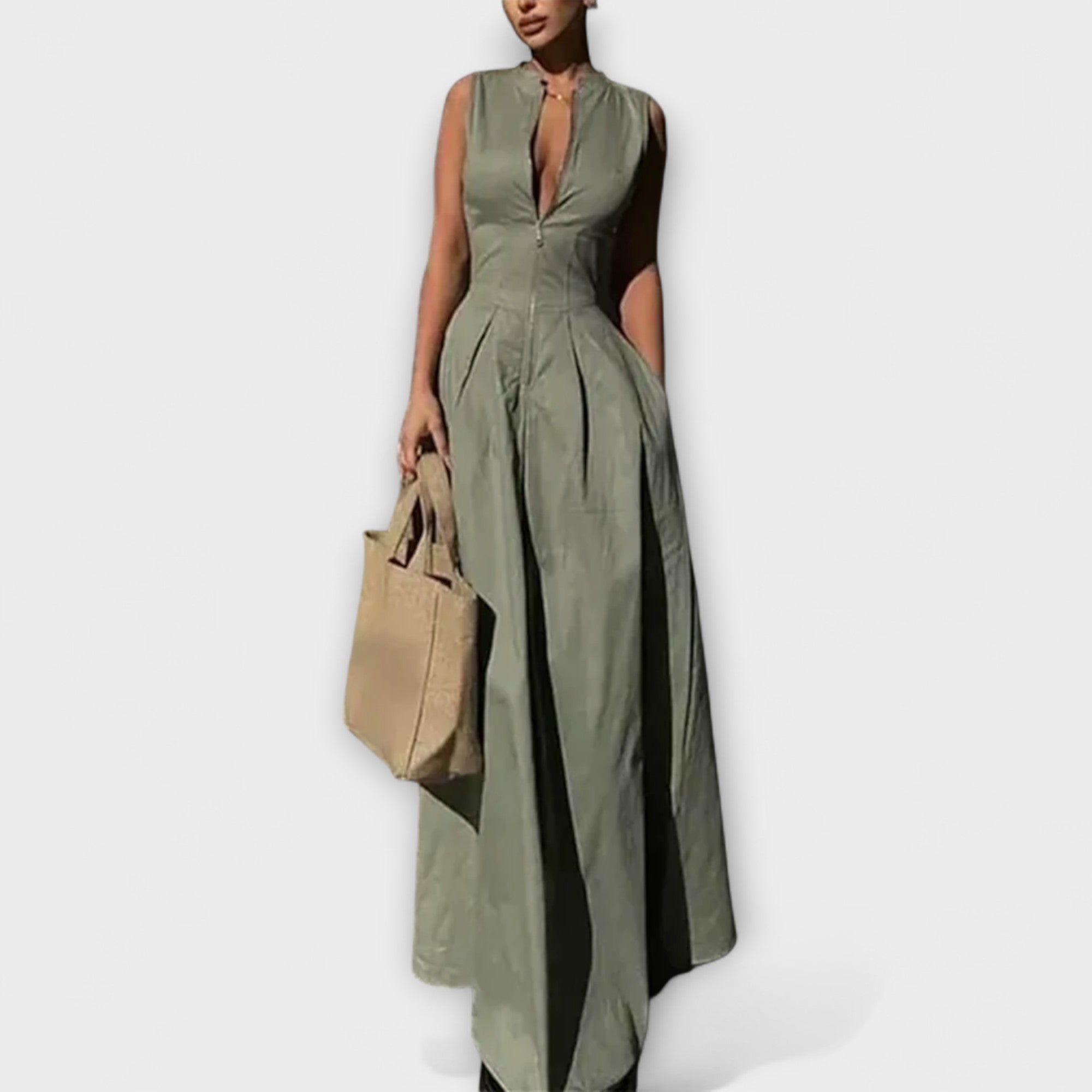 Abito midi aderente senza maniche con pieghe