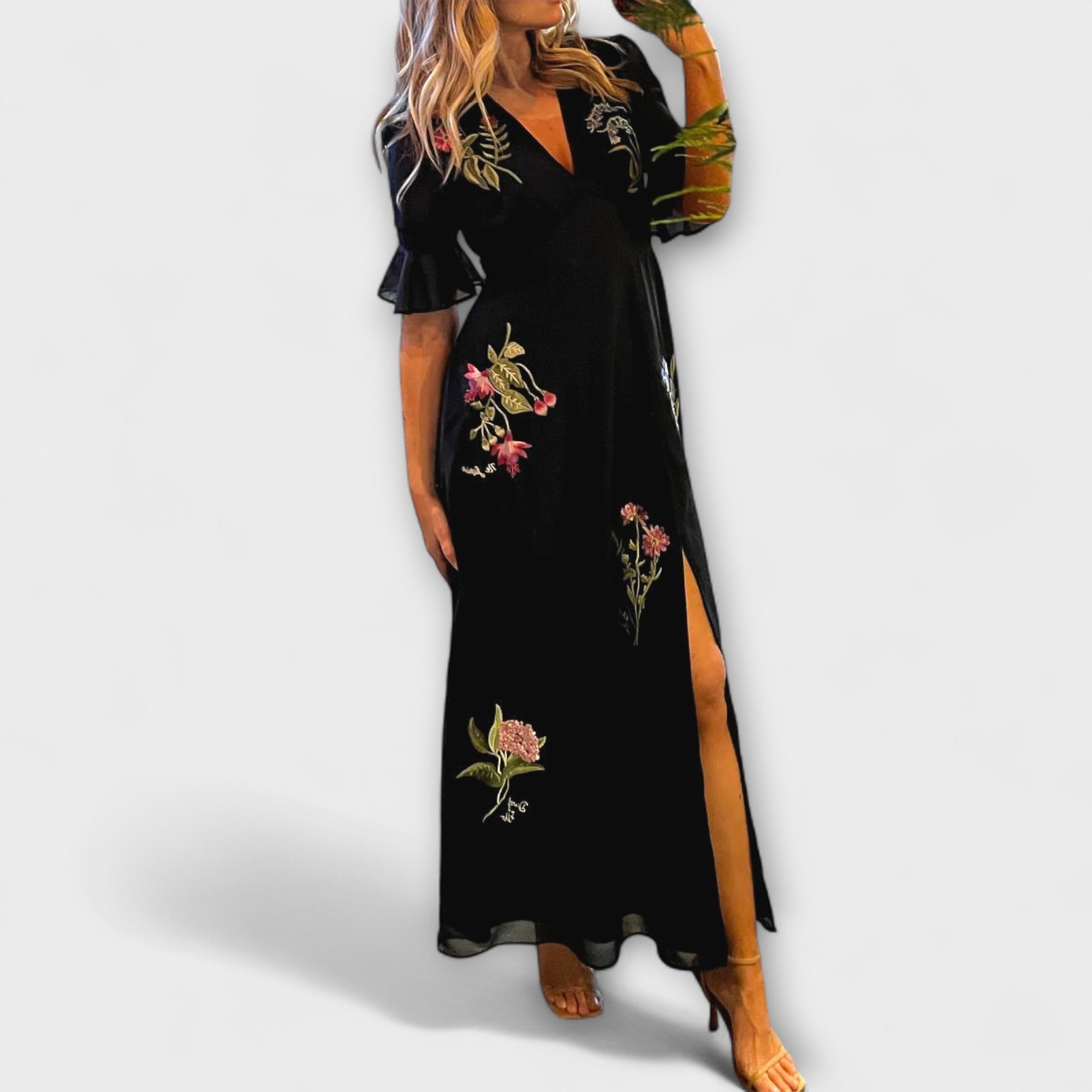 Beatrice - Elegante Abito Blu Navy con Ricami Floreali