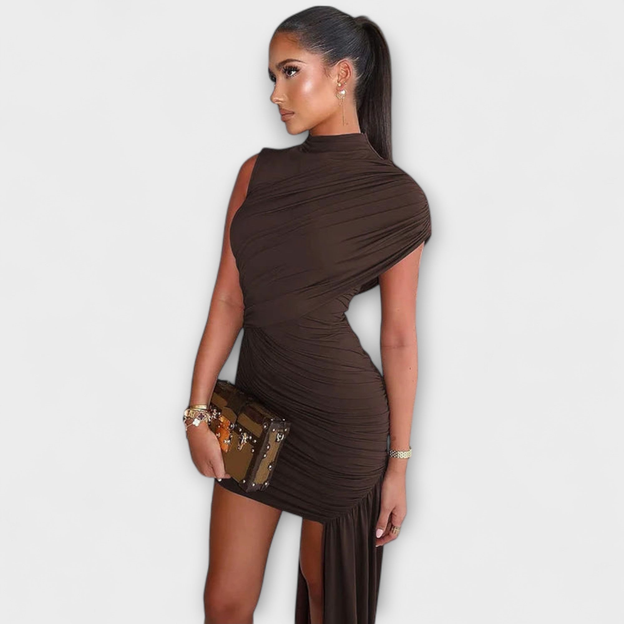 Lila - Abito elegante e aderente con scollo rotondo e pieghe