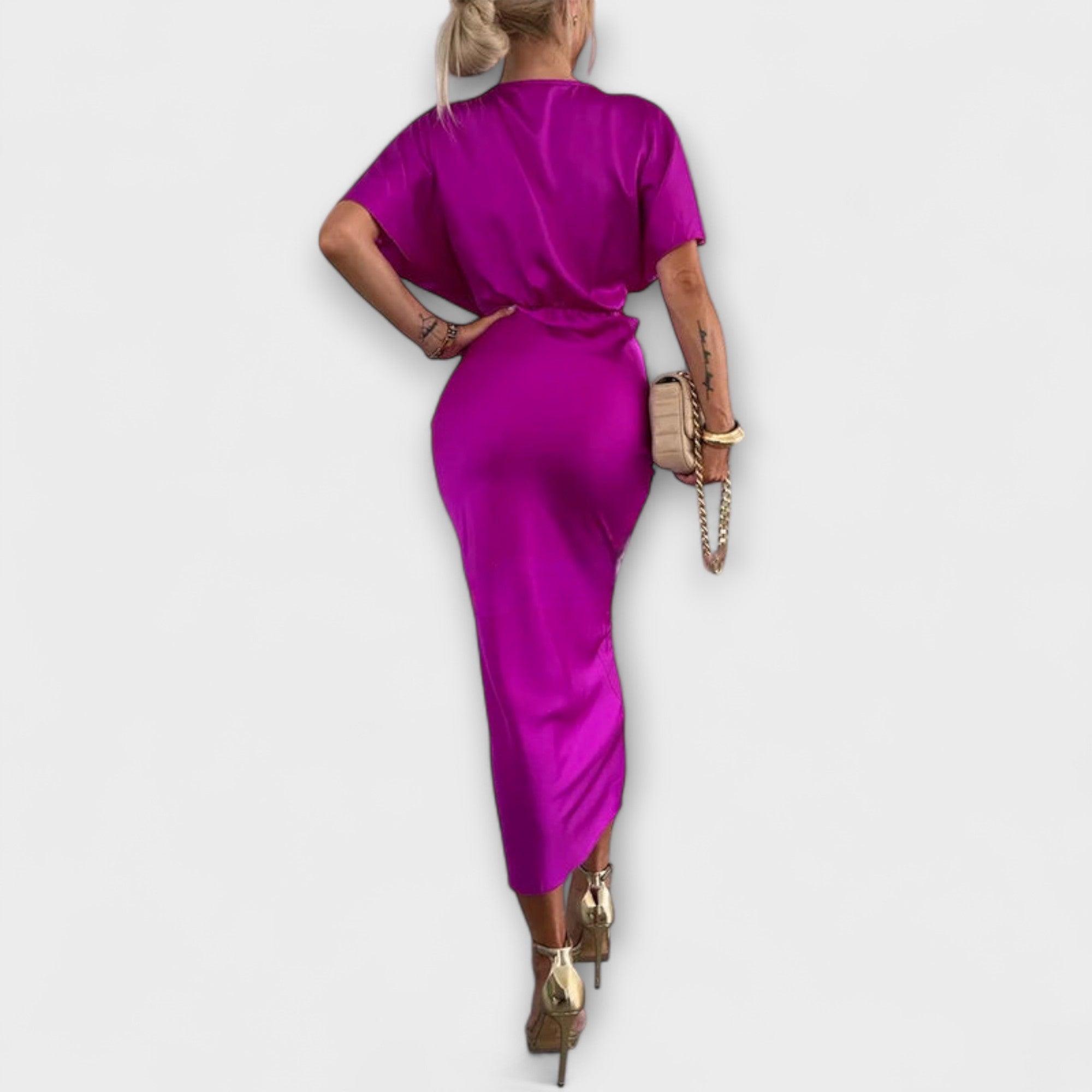 Sable - Elegante Abito Maxi in Raso con Scollatura a V e Nodo Incrociato