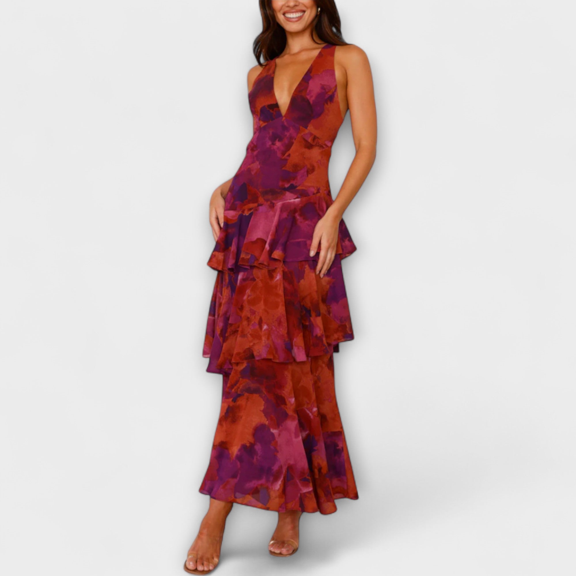 Domenica - Abito in Chiffon con Scollatura a V e Strati Fluttuanti