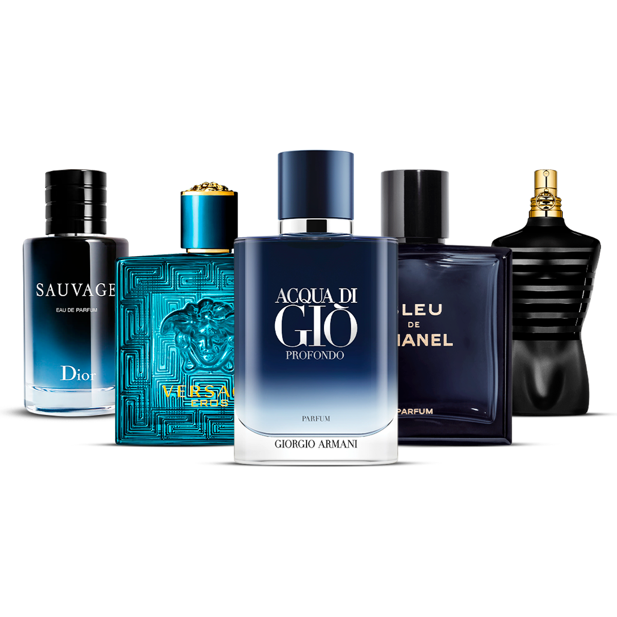 Combinazione di 5 Fragranze Maschili – Sauvage, Versace Eros, Acqua di Giò Profondo, Bleu de Chanel e Le Male [100 ml ciascuno]