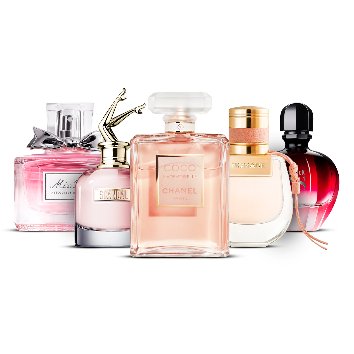 Combinazione di 5 Profumi da Donna - Miss Dior Absolutely Blooming, Scandal, Coco Mademoiselle, Nomade e Black XS [ciascuno 100 ml]