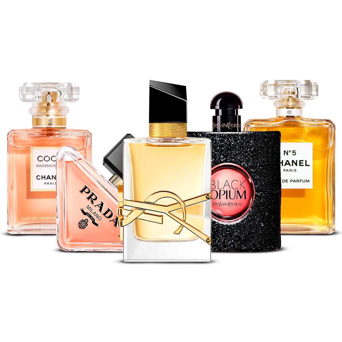 Combinazione di 5 Profumi da Donna – Coco Mademoiselle, Prada Paradoxe, Libre, Black Opium e Chanel N°5 [ciascuno 100 ml]