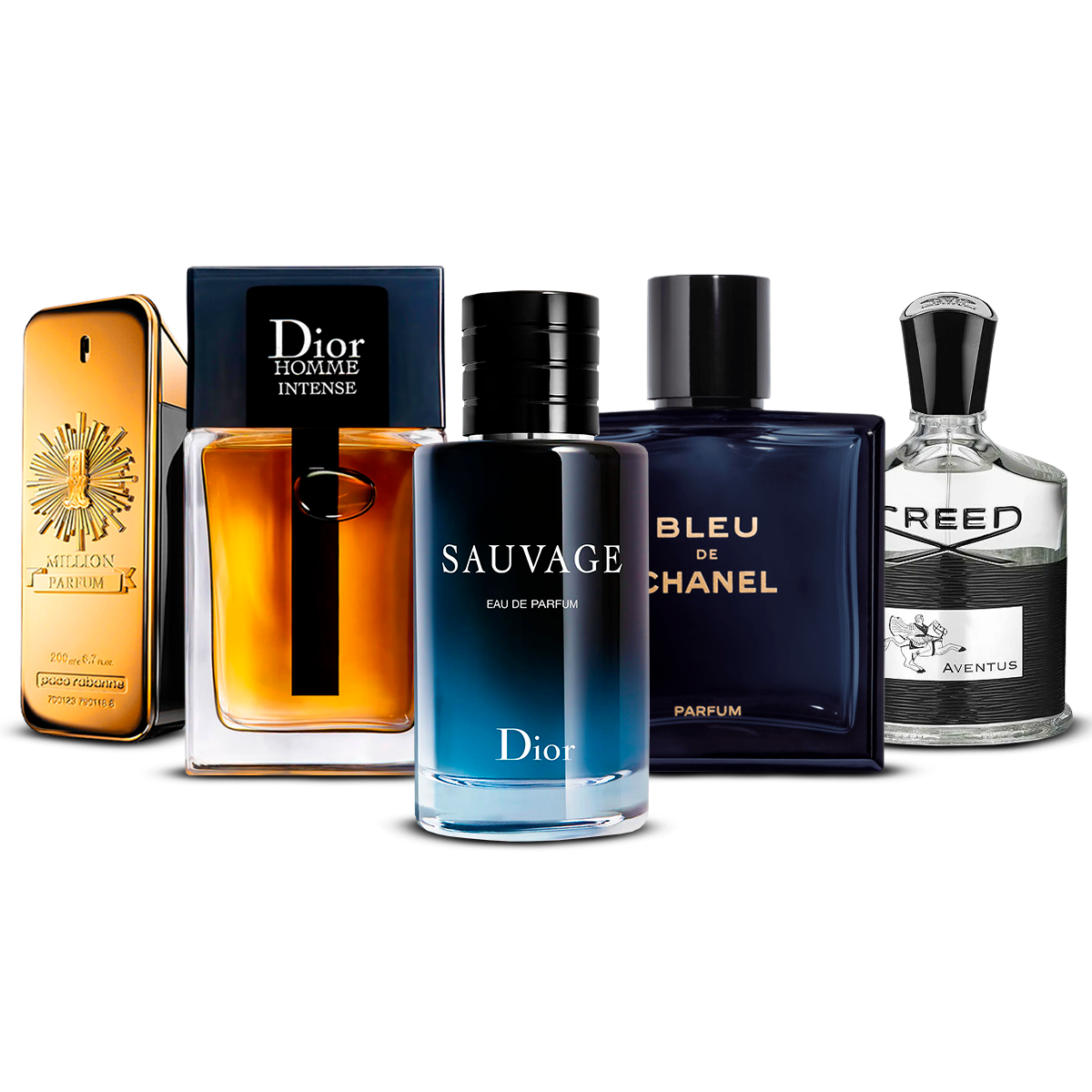 Combinazione di 5 Fragranze Maschili – 1 Million, Dior Homme Intense, Sauvage, Bleu de Chanel e Creed Aventus [100 ml ciascuno]