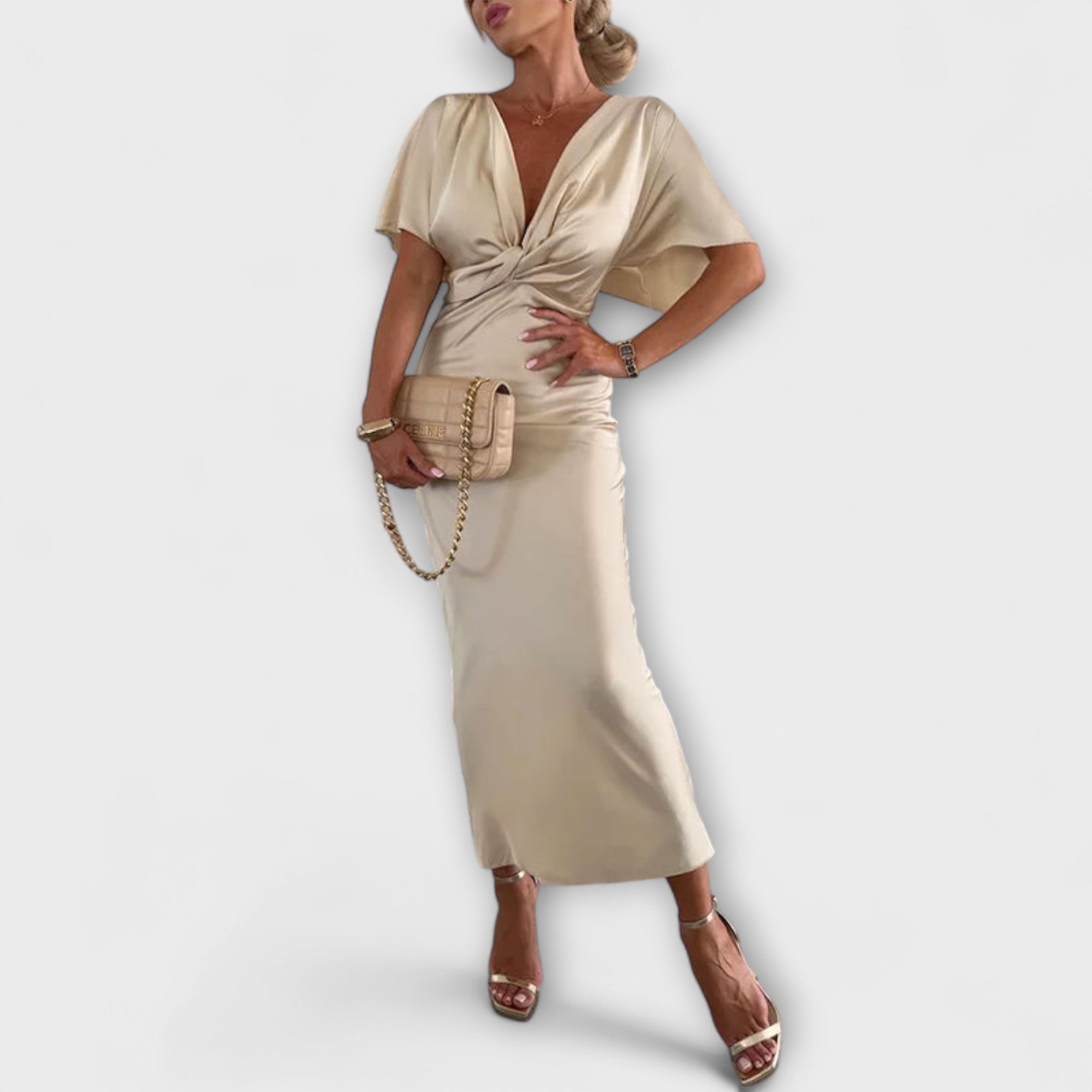 Sable - Elegante Abito Maxi in Raso con Scollatura a V e Nodo Incrociato