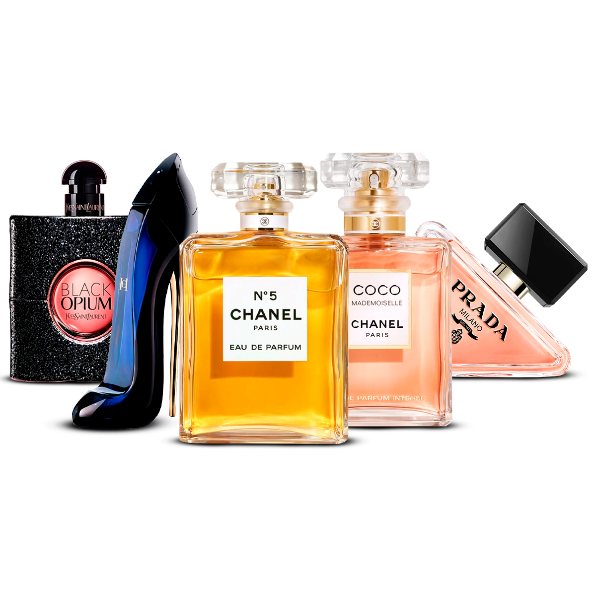 Combinazione di 5 Profumi da Donna – Black Opium, Good Girl, Chanel N°5, Coco Mademoiselle e Prada Paradoxe [100 ml ciascuno]
