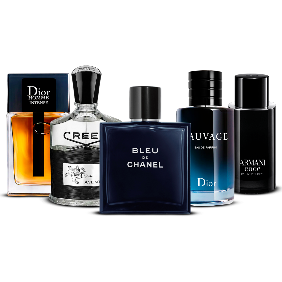 Combinazione di 5 Fragranze Maschili – Dior Homme Intense, Creed Aventus, Bleu de Chanel, Sauvage e Armani Code [100 ml ciascuno]