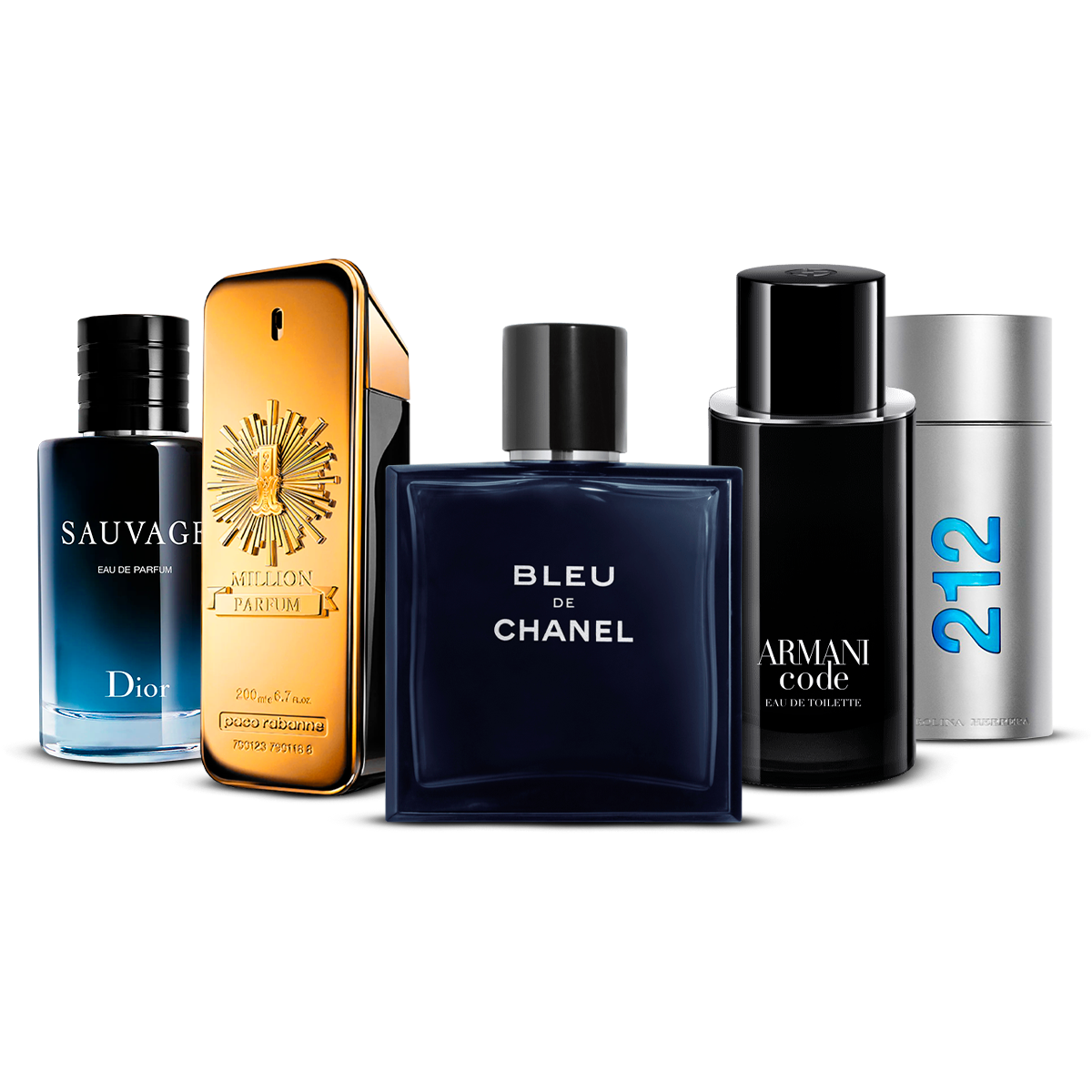 Combinazione di 5 Fragranze Maschili – Sauvage, 1 Million, Bleu de Chanel, Armani Code e 212 Men [ciascuna 100 ml]