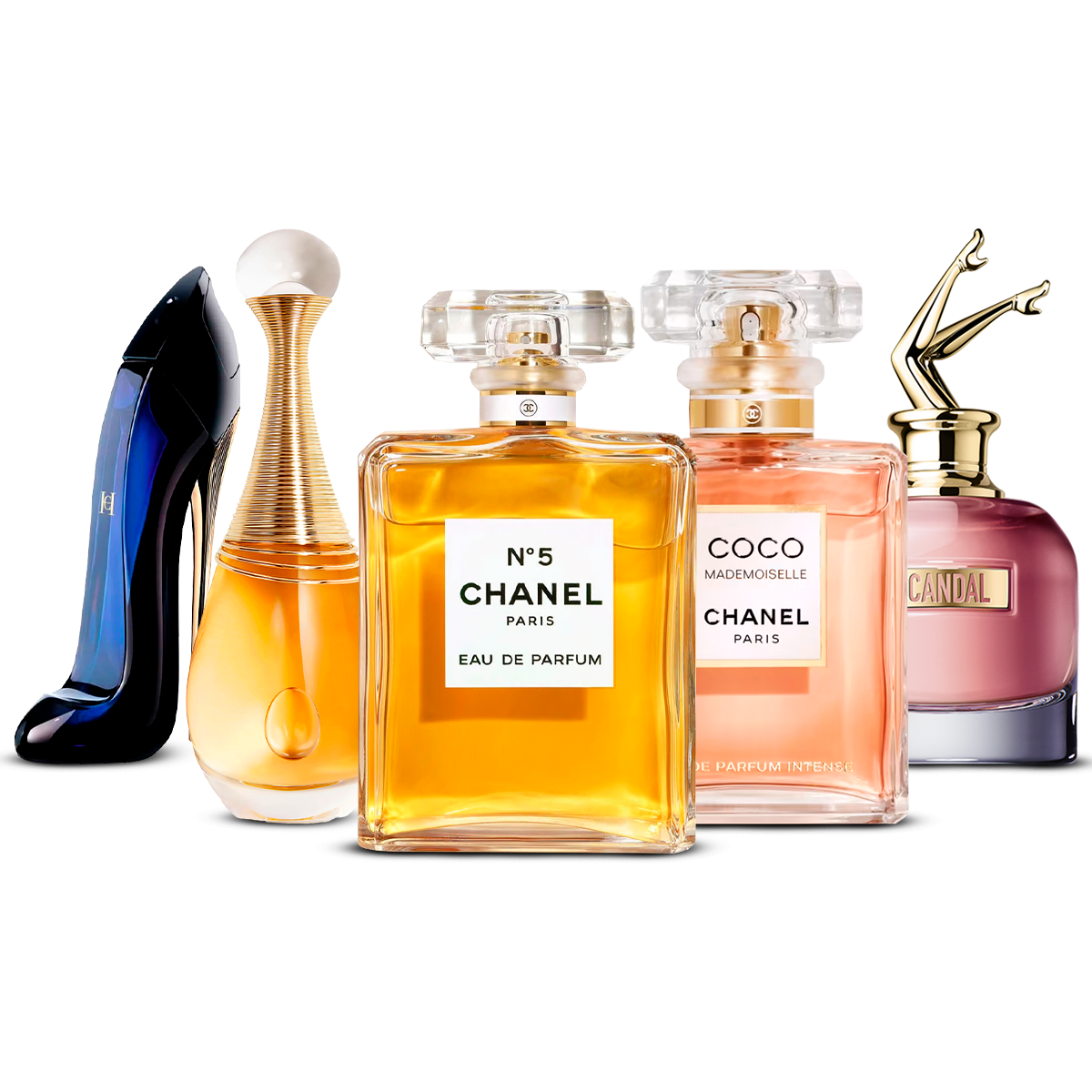 Combinazione di 5 Fragranze Femminili – Good Girl, J'adore, Chanel No. 5, Coco Mademoiselle e Scandal [ciascuna 100 ml]