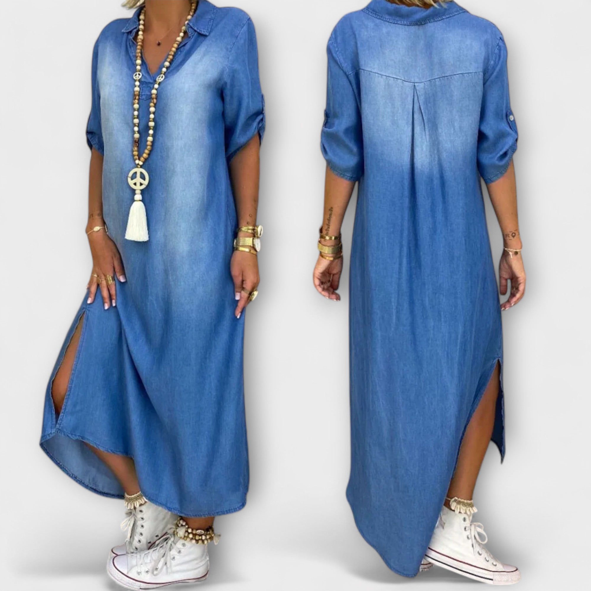 Lea - Abito lungo in denim con spacco laterale