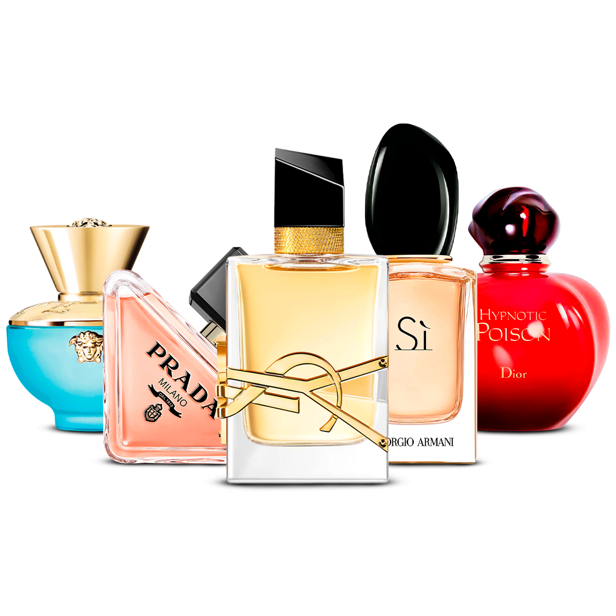 Combinazione di 5 Fragranze Femminili – Versace Dylan Turquoise, Prada Paradoxe, Yves Saint Laurent Libre, Giorgio Armani Sì e Dior Hypnotic Poison [100 ml ciascuna]