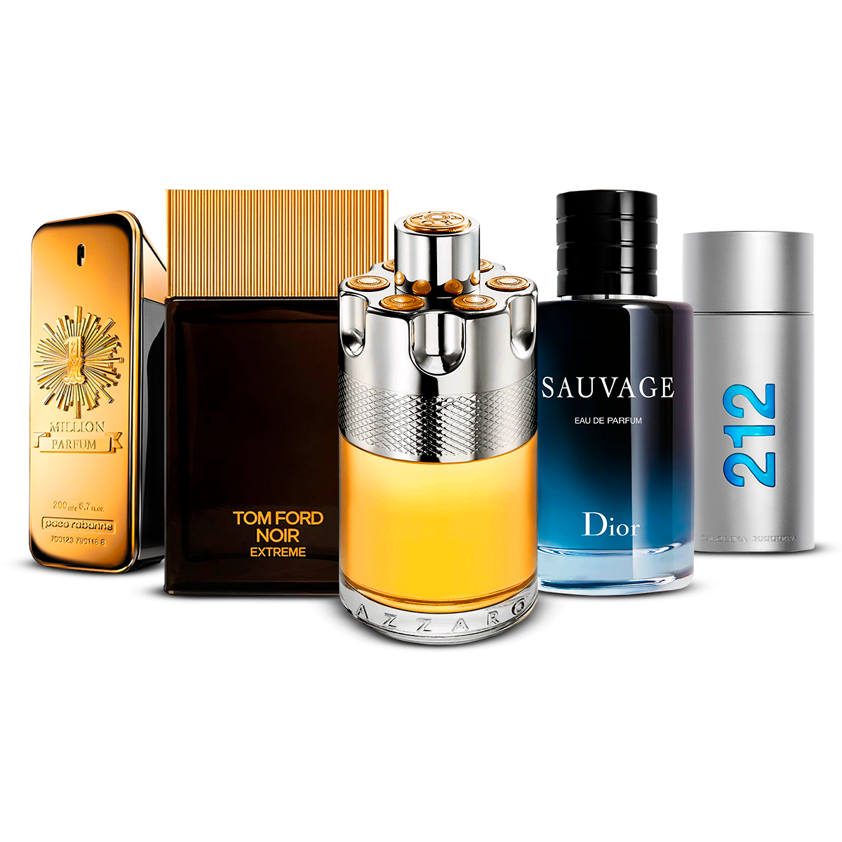 Combinazione di 5 Fragranze Maschili – 1 Million, Tom Ford Noir Extrême, Azzaro Wanted, Sauvage e 212 Men [ciascuna 100 ml]