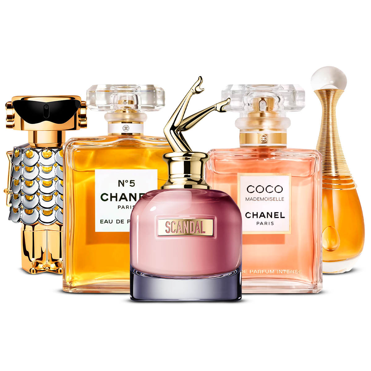 Combinazione di 5 Profumi Femminili – Fame, Chanel No. 5, Scandal, Coco Mademoiselle e J'adore [ciascuno 100 ml]