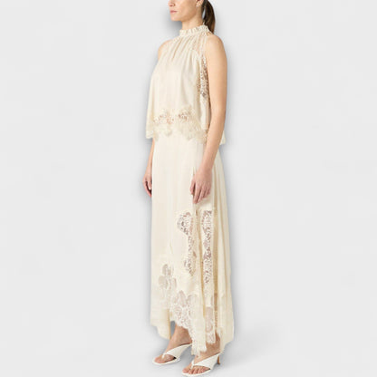 Kaia - Blusa in Satin con Bordo in Pizzo e Collo Plissettato