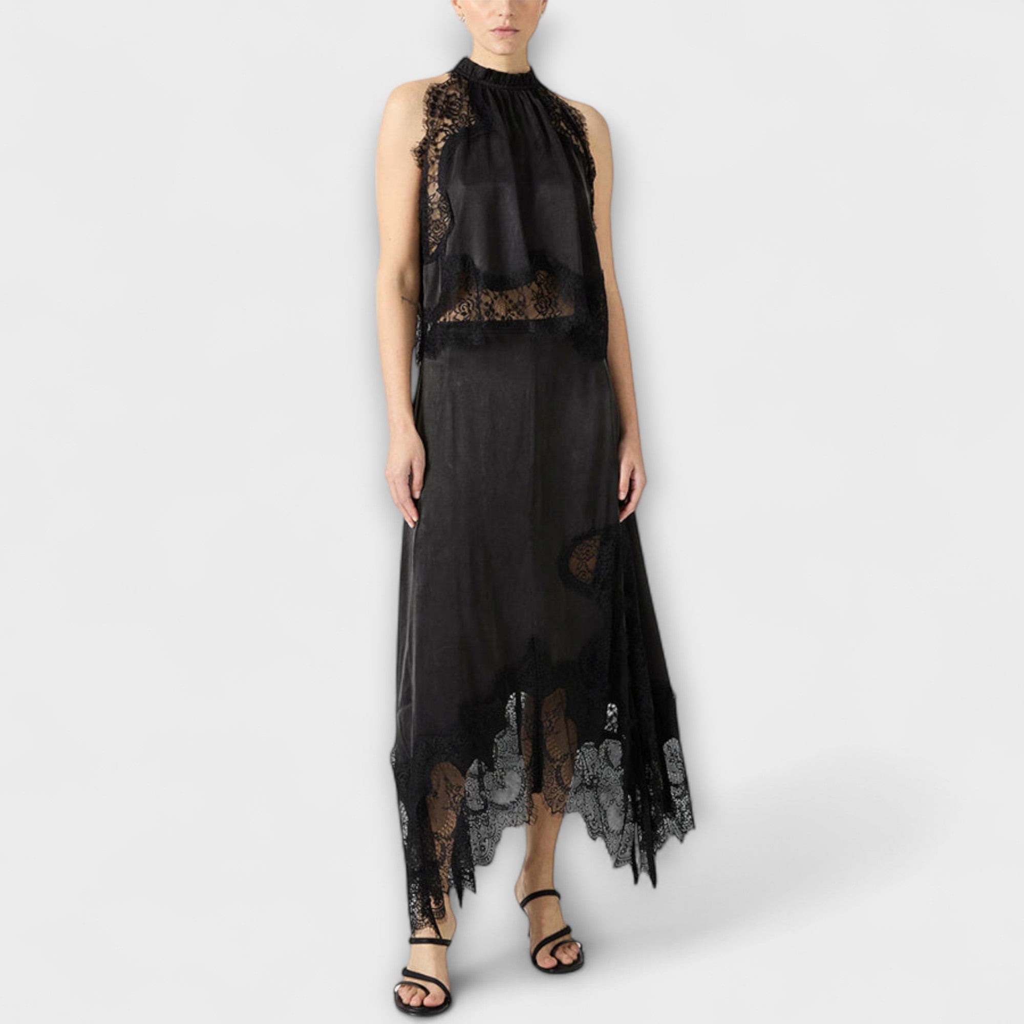 Kaia - Blusa in Satin con Bordo in Pizzo e Collo Plissettato