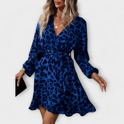 Abito Elegante con Stampa Leopardo, Scollo a V e Cintura da Annodare