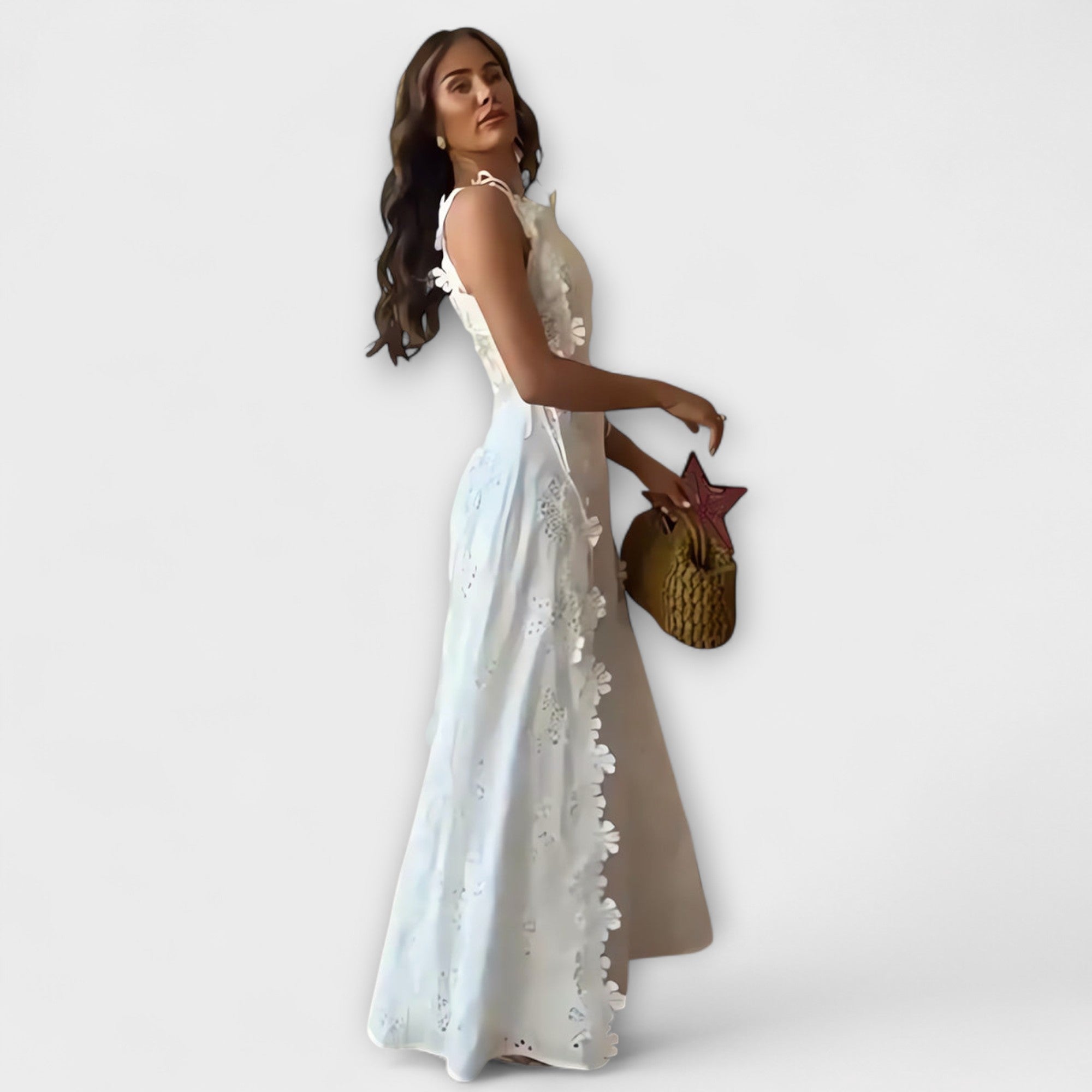 Éliora – Abito Maxi con Motivo Floreale in Pizzo e Lacci