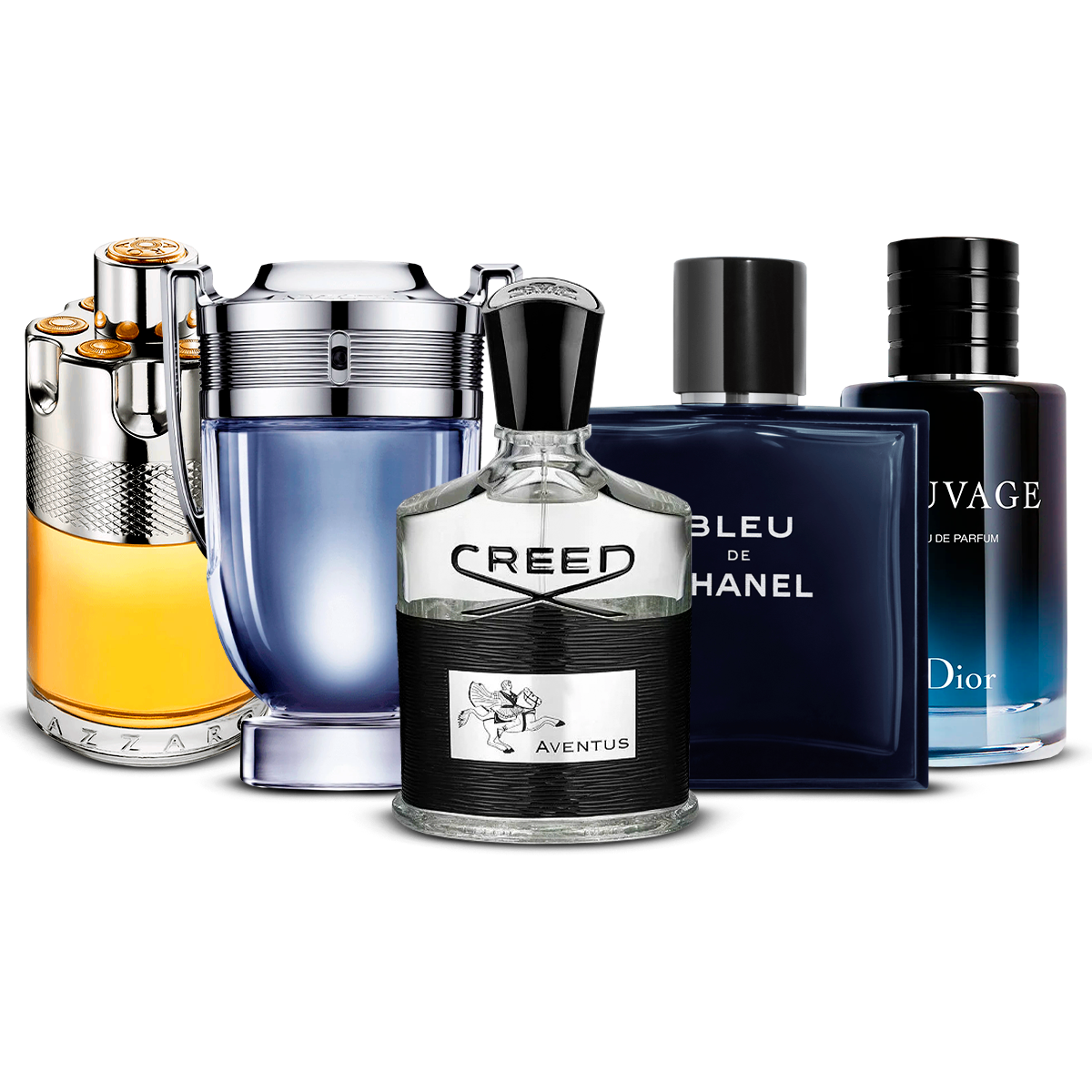 Combinazione di 5 Fragranze Maschili – Azzaro Wanted, Invictus, Creed Aventus, Bleu de Chanel e Sauvage [100 ml ciascuno]
