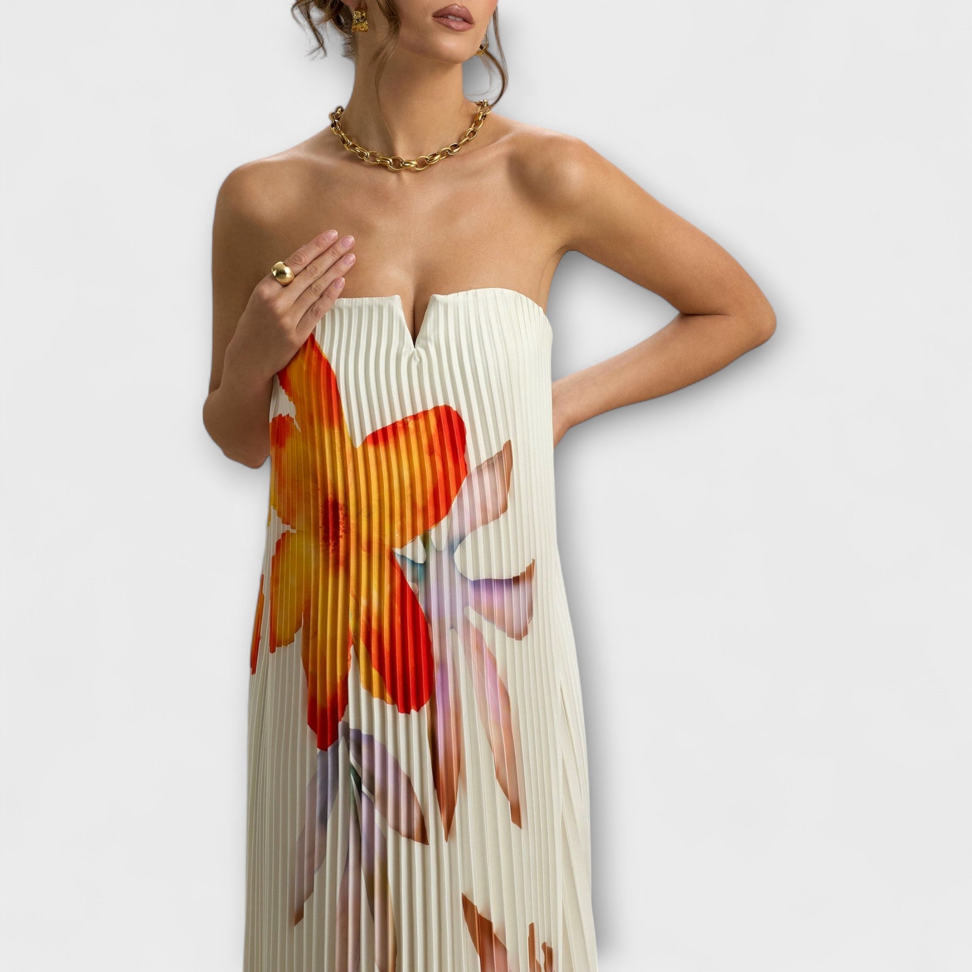 Michelle - Abito Maxi Sweetheart in Stampa Floreale Arancione