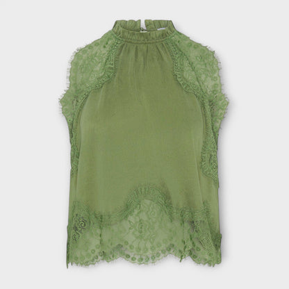 Kaia - Blusa in Satin con Bordo in Pizzo e Collo Plissettato