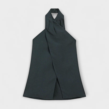 Leah - Top Blu con Collo All'Americana e Fessura Posteriore