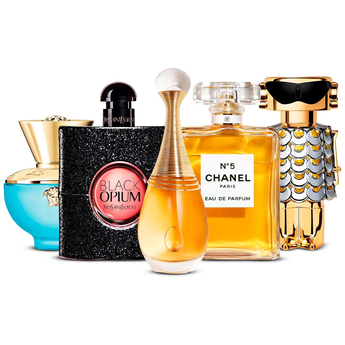Combinazione di 5 Profumi da Donna – Versace Dylan Turquoise, Black Opium, J'adore, Chanel Nº5 e Fame [ognuno 100 ml]