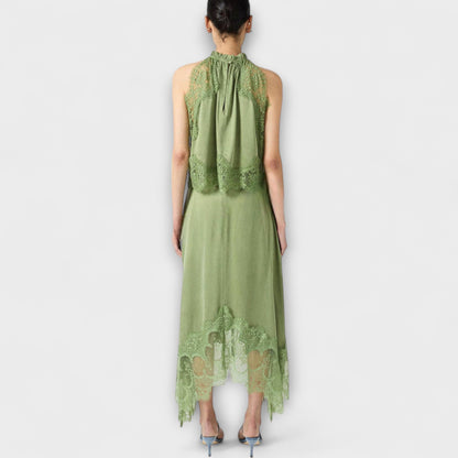 Kaia - Blusa in Satin con Bordo in Pizzo e Collo Plissettato