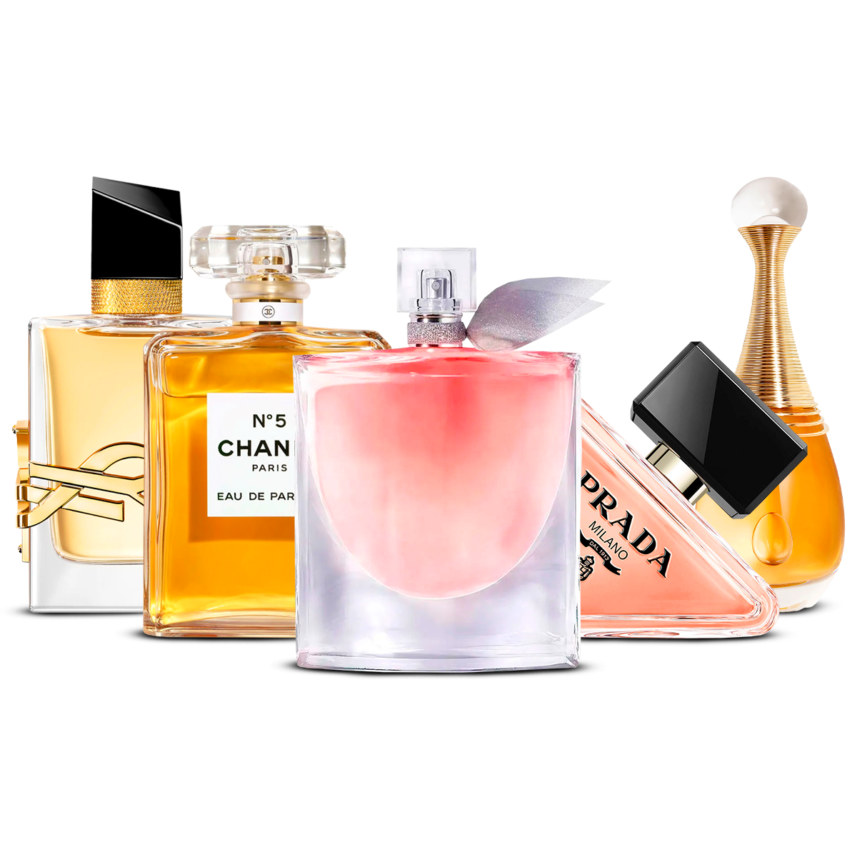 Combinazione di 5 Fragranze Femminili – Yves Saint Laurent Libre, Chanel Nº5, La Vie Est Belle, Prada Paradoxe e J'adore [100 ml ciascuna]