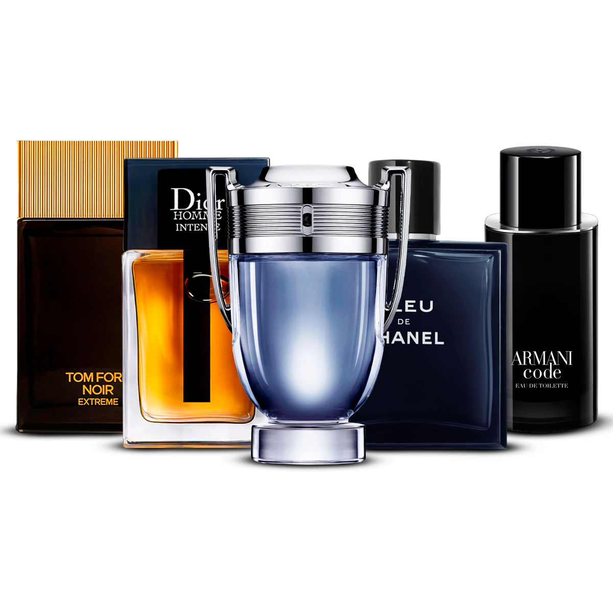 Combinazione di 5 Fragranze Maschili – Tom Ford Noir Extrême, Dior Homme Intense, Invictus, Bleu de Chanel e Armani Code [100 ml ciascuno]