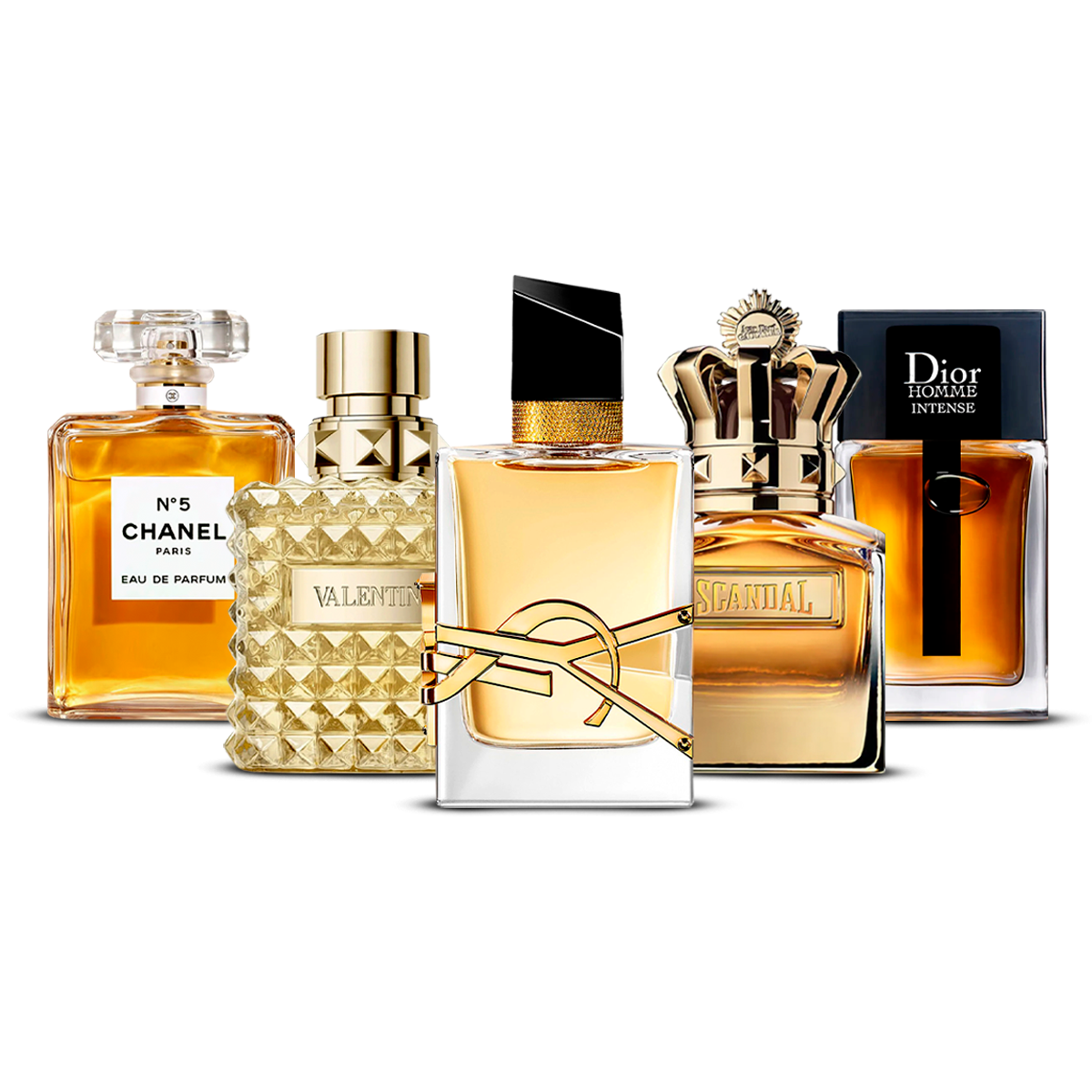 Combinazione di 5 Profumi – Chanel Nº5, Valentino Uomo, Yves Saint Laurent Libre, Scandal Pour Homme e Dior Homme Intense [100 ml ciascuno]