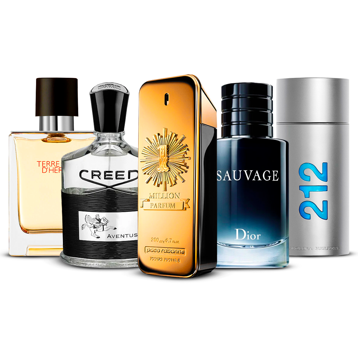 Combinazione di 5 Fragranze Maschili – Terre d'Hermès, Creed Aventus, 1 Million, Sauvage e 212 Men [ciascuna 100 ml]