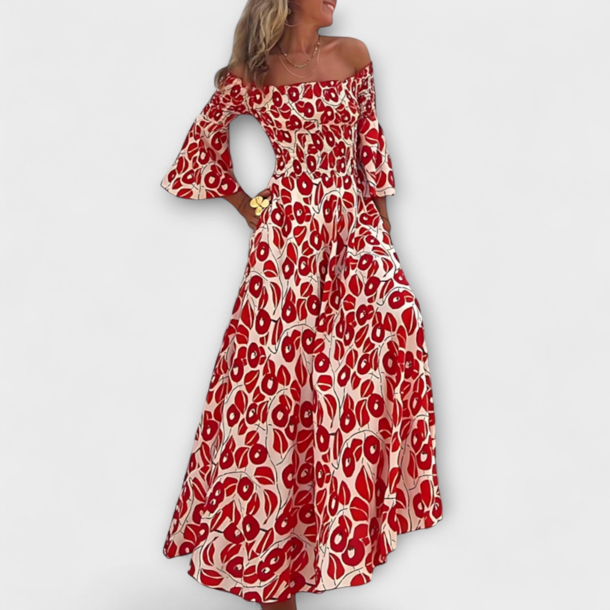 Bella - Abito Off-Shoulder con Fiori Oceanici