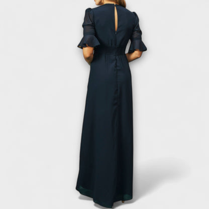 Beatrice - Elegante Abito Blu Navy con Ricami Floreali