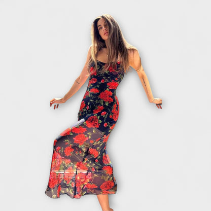 Abito Bodycon con Spalline a Spaghetti e Motivo Floreale