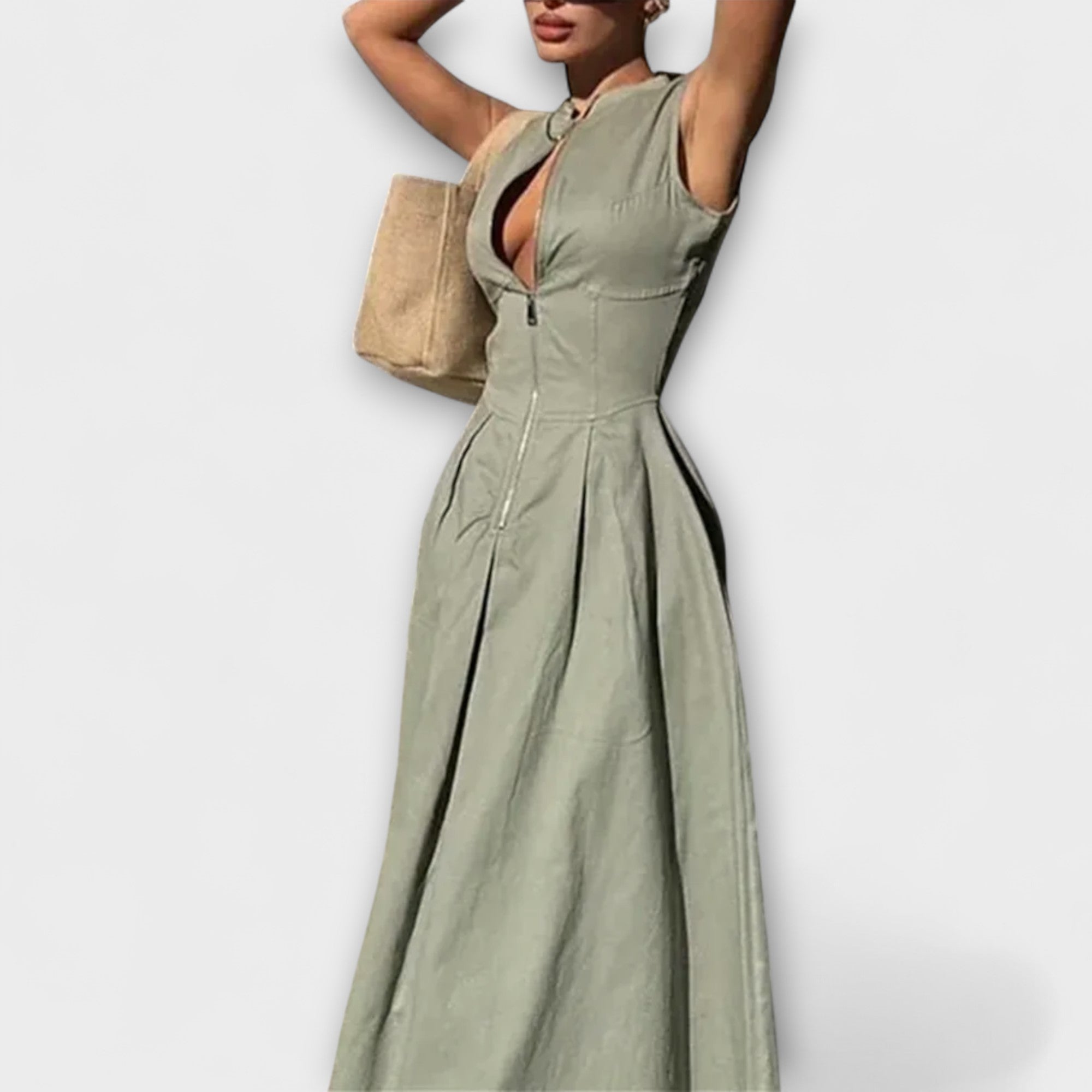 Abito midi aderente senza maniche con pieghe