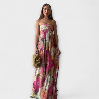 Abito Maxi Plissettato Senza Spalline Chic Retro